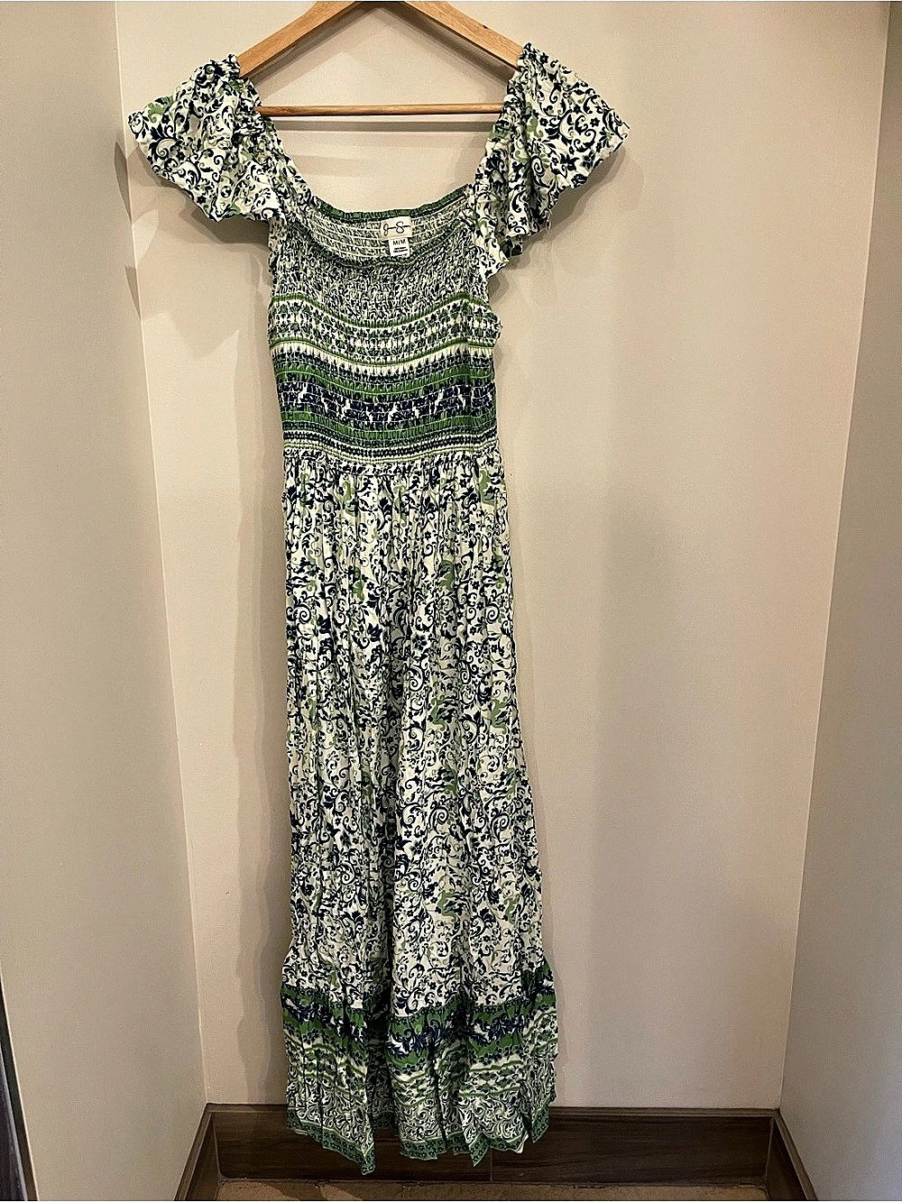 Jessica Simpson Floral Smocked Maxi Dress in Green & White